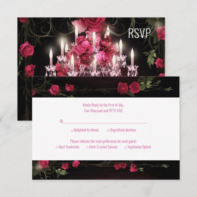 Elegant Burgundy Floral Roses Chandelier Wedding RSVP Card (Front/Back)
