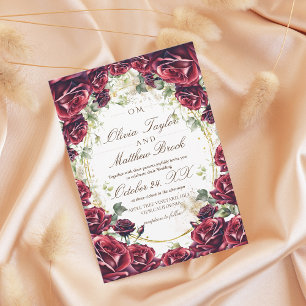 Elegant Burgundy Floral Roses Gold Wedding  Invitation