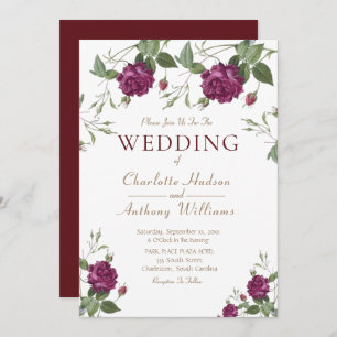 Elegant Burgundy Floral Roses - Wedding Invitation
