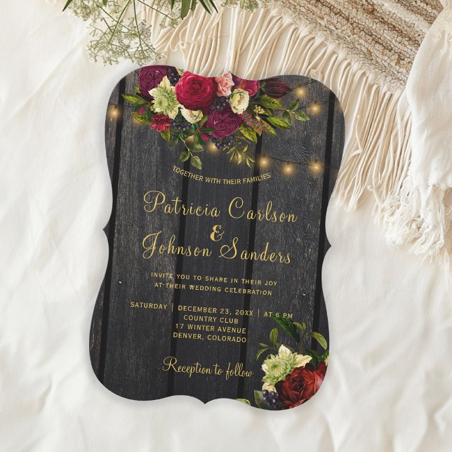 Elegant burgundy floral rustic barn wood wedding invitation (Creator Uploaded)