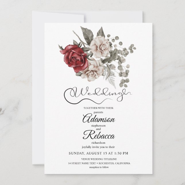 Elegant Burgundy Floral Rustic Wedding Invitation (Front)