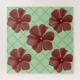 Elegant Burgundy Floral & Sage Green Lattice Patte Jigsaw Puzzle