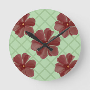 Elegant Burgundy Floral & Sage Green Lattice Patte Round Clock