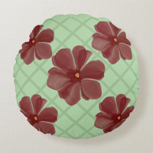 Elegant Burgundy Floral & Sage Green Lattice Patte Round Cushion