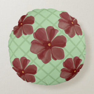 Elegant Burgundy Floral & Sage Green Lattice Patte Round Cushion