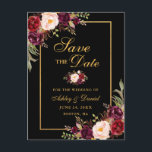 Elegant Burgundy Floral Save the Date Black Gold Announcement Postcard<br><div class="desc">Modern Elegant,  Watercolor Burgundy Floral,  Black and Gold Save The Date Engagement Postcard</div>
