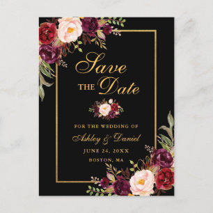 Elegant Burgundy Floral Save the Date Black Gold Announcement Postcard