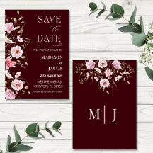 Elegant Burgundy Floral Save the Date Card
