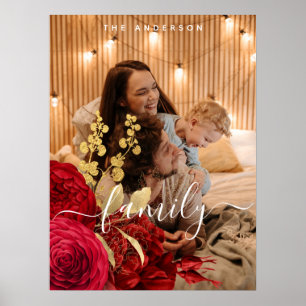 Elegant Burgundy Floral Script Family Photo Poster