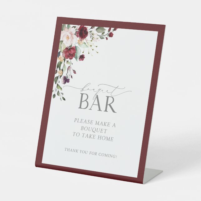 Elegant Burgundy Floral Shower Bouquet Bar Pedestal Sign (Front)