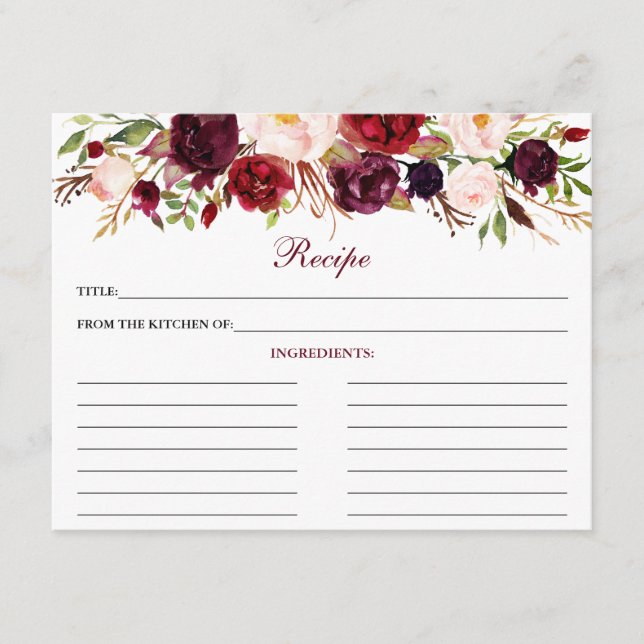 Elegant Burgundy Floral Shower Recipe Card (Front)