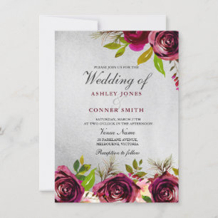 Elegant Burgundy Floral Silver Wedding Invite