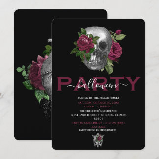 Elegant Burgundy Floral Skull Halloween Party Invitation