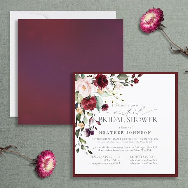 Elegant Burgundy Floral Virtual Bridal Shower Invitation (Creator Uploaded)