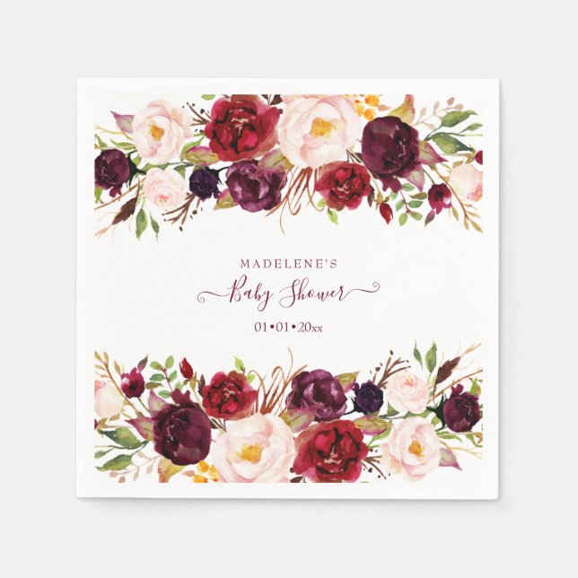 Elegant Burgundy Floral Watercolor Baby Shower Napkin (Front)