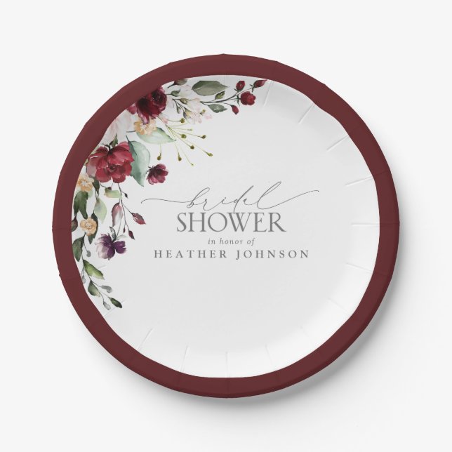 Elegant Burgundy Floral Watercolor Bridal Shower Paper Plate (Front)