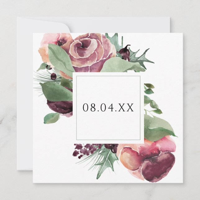 Elegant Burgundy Floral Watercolor Square Save The Date (Front)