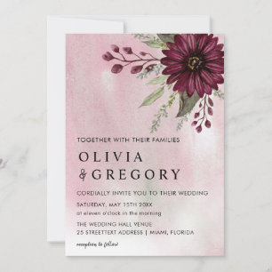 Elegant Burgundy Floral Watercolor Wedding Invitation