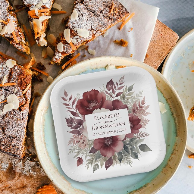 Elegant Burgundy Floral Watercolor Wedding Names Paper Plate (Creator Uploaded)