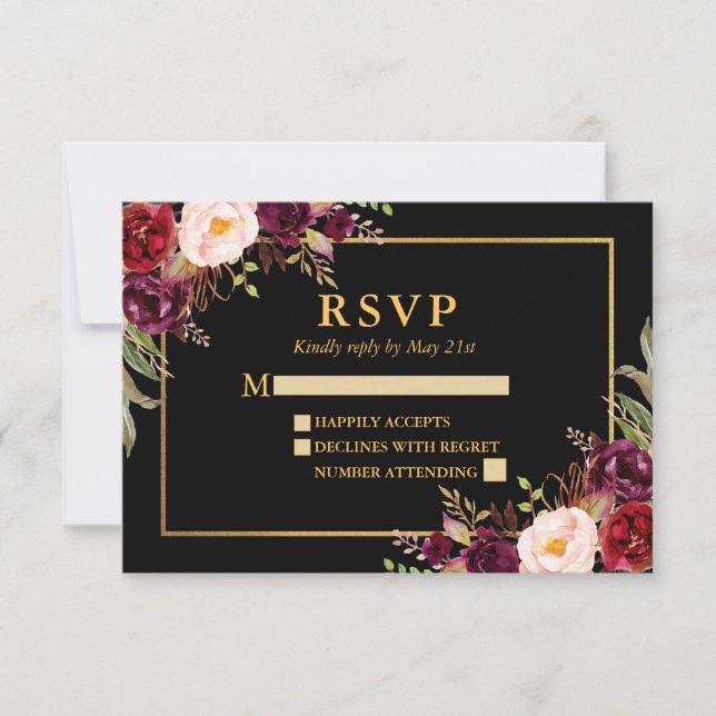 Elegant Burgundy Floral Wedding Black Gold RSVP Card (Front)