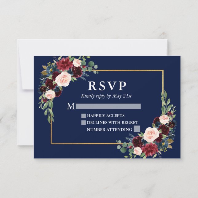 Elegant Burgundy Floral Wedding Blue Gold Frame RSVP Card (Front)