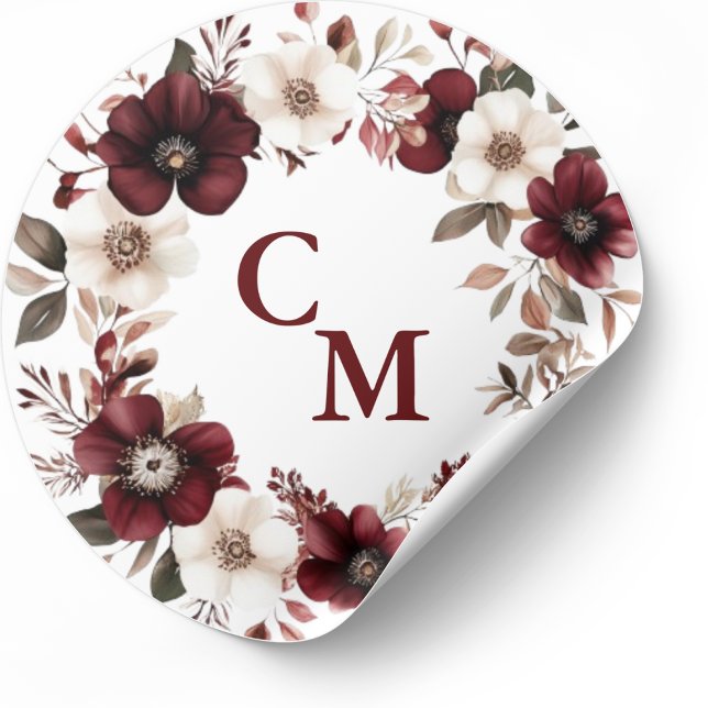 Elegant Burgundy Floral Wedding  Classic Round Sticker (Creator Uploaded)