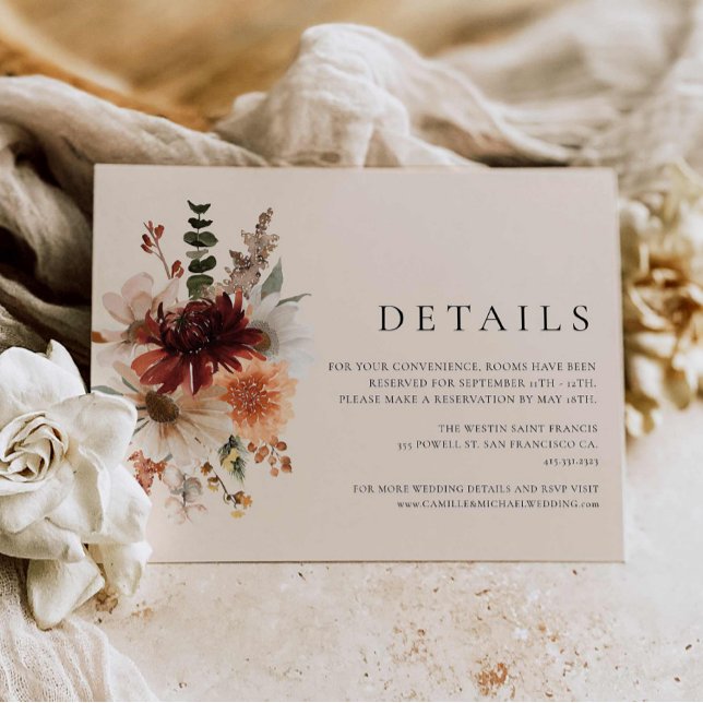 Elegant Burgundy Floral Wedding Details Card (Fall Wildflower Wedding Details Card)