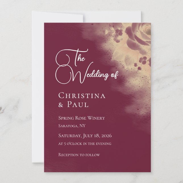 Elegant Burgundy Floral Wedding Invitation (Front)