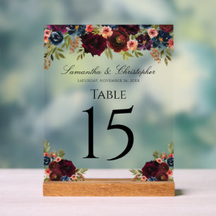 Elegant Burgundy Floral Wedding Reception Table Acrylic Sign