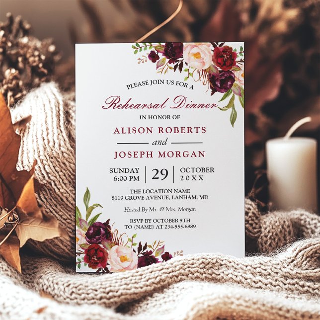 Elegant Burgundy Floral Wedding Rehearsal Dinner Invitation (Creator Uploaded)