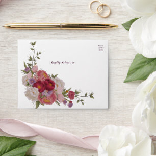 Elegant Burgundy Floral Wedding Return Address Envelope