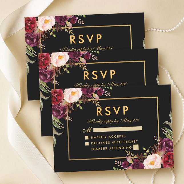 Elegant Burgundy Floral Wedding RSVP Black Gold (Customize to change text size, text style or color.)