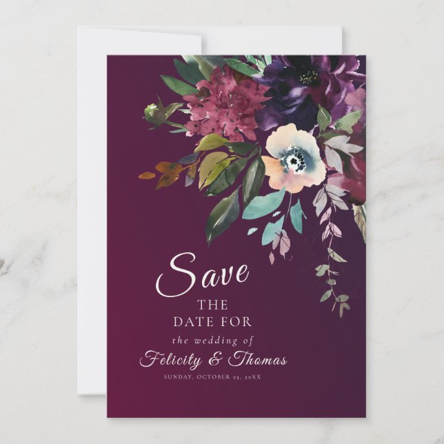 Elegant Burgundy Floral Wedding Save The Date Invitation (Front)
