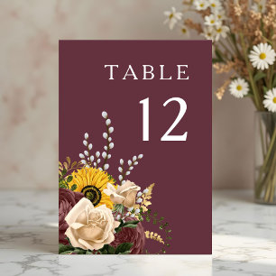 Elegant Burgundy Floral Wedding  Table Number