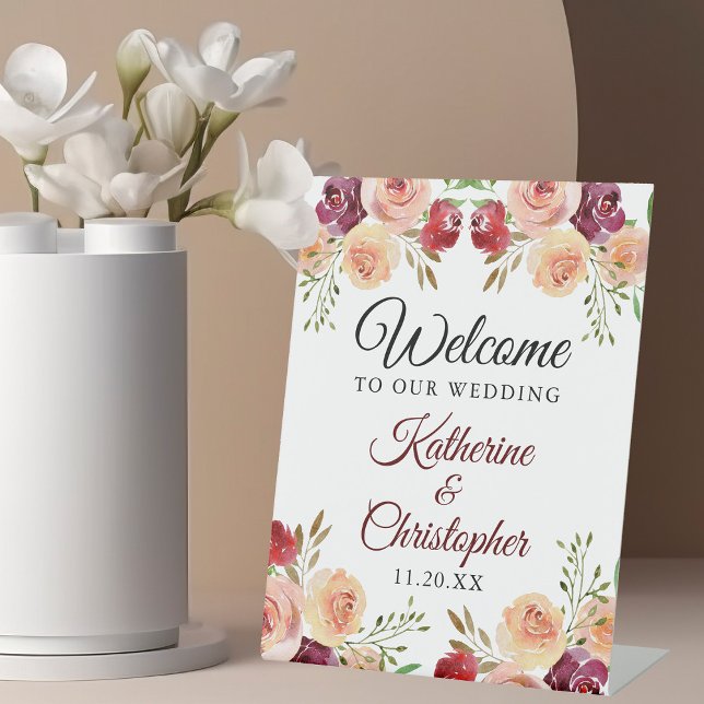 Elegant Burgundy Floral Welcome to our Wedding Pedestal Sign (Creator Uploaded)