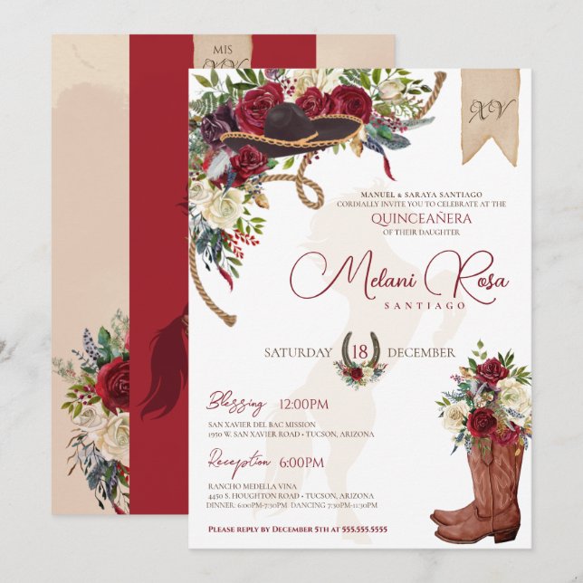 Elegant Burgundy Floral Winter Charro Quinceanera Invitation (Front/Back)
