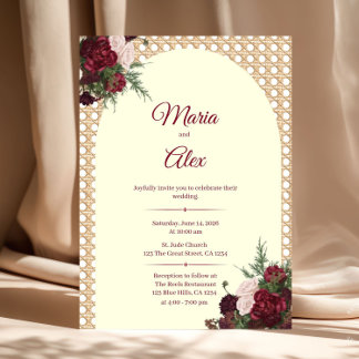 Elegant Burgundy Florals and Rattan Border Wedding Invitation