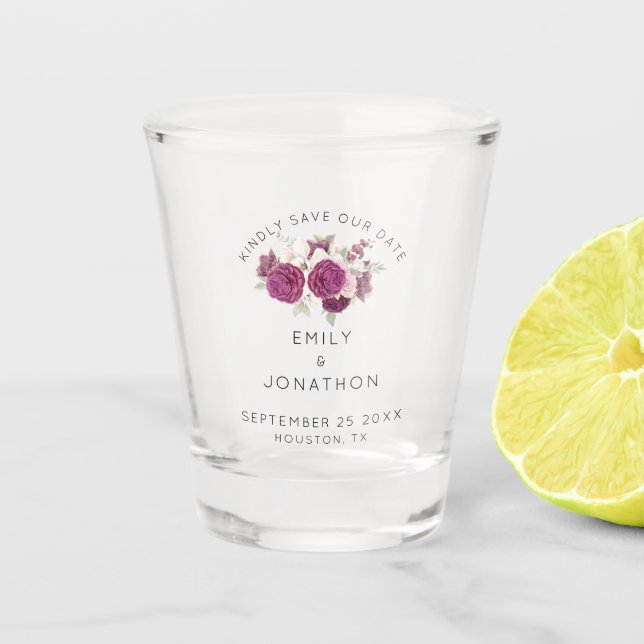 Elegant Burgundy Florals Keepsake Save The Date Shot Glass (Front)