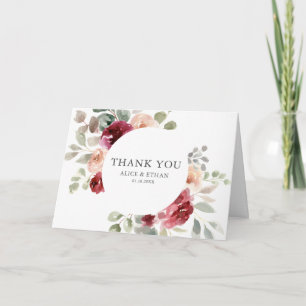 Elegant Burgundy Flower Eucalyptus Photo Wedding Thank You Card