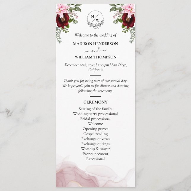 Elegant Burgundy Flower Wedding Programme (Front)