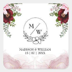 Elegant Burgundy Flower Wedding Square Sticker