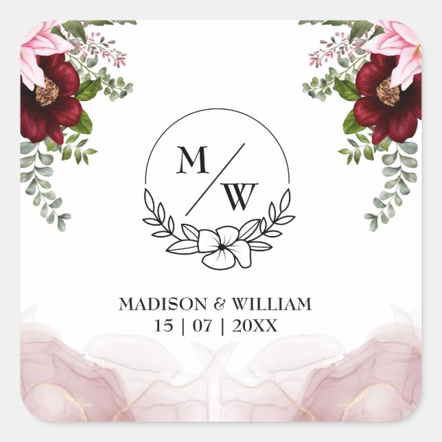 Elegant Burgundy Flower Wedding Square Sticker (Front)
