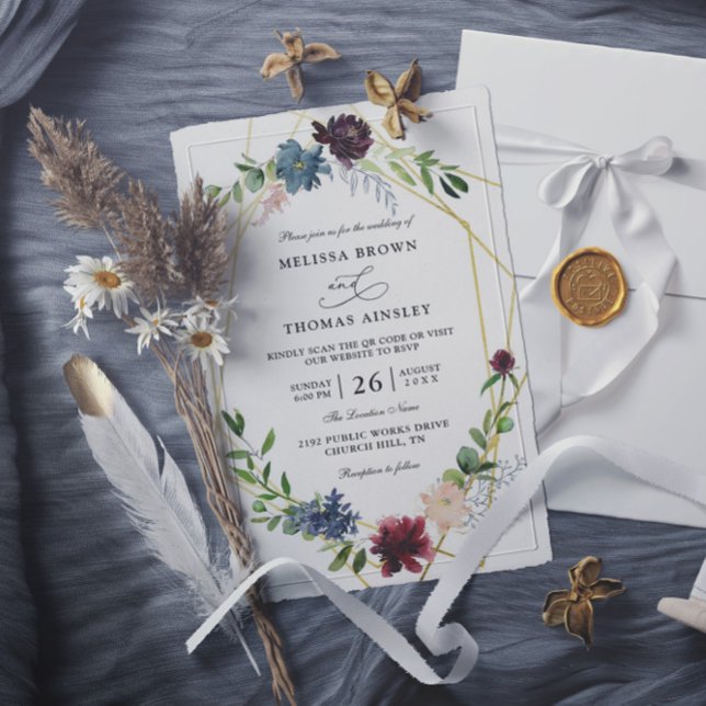 Elegant Burgundy Flowers Budget QR Code Wedding Invitation (Creator Uploaded)