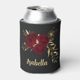 Elegant burgundy flowers gold black can cooler
