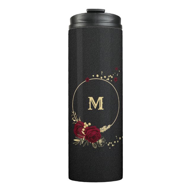 Elegant burgundy flowers gold black thermal tumbler (Front)