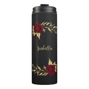 Elegant burgundy flowers gold black thermal tumbler
