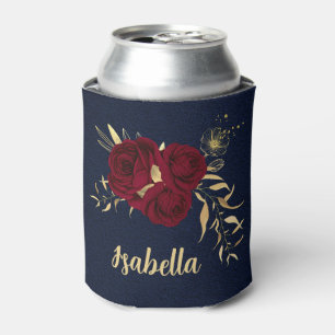 Elegant burgundy flowers gold navy can cooler