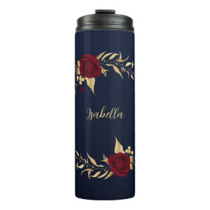 Elegant burgundy flowers gold navy thermal tumbler