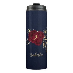 Elegant burgundy flowers gold navy thermal tumbler