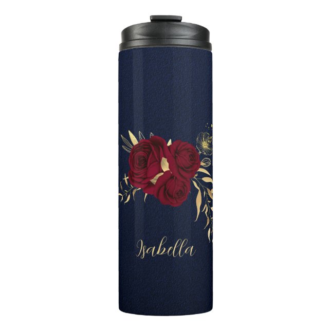 Elegant burgundy flowers gold navy thermal tumbler (Front)